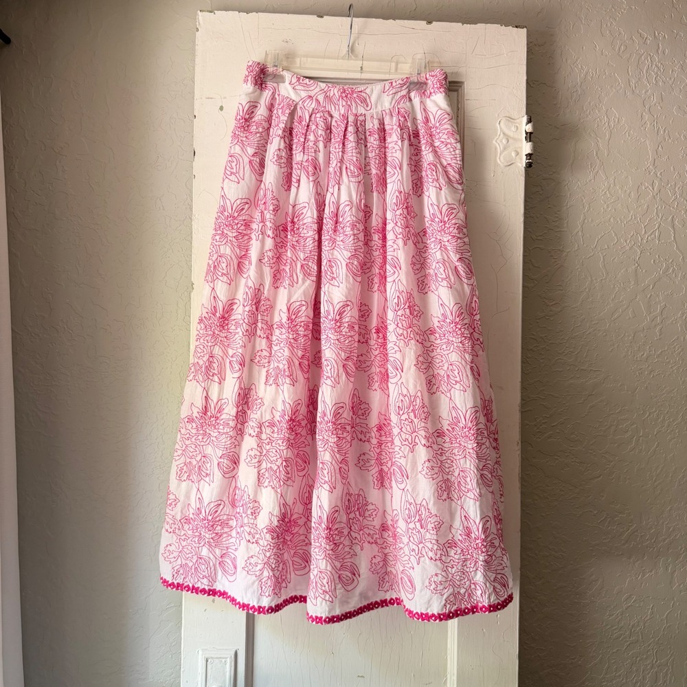 Nimo Pink White Embroidered Cotton Maxi Skirt Medium Pockets Beaded Hem - Picture 1 of 8